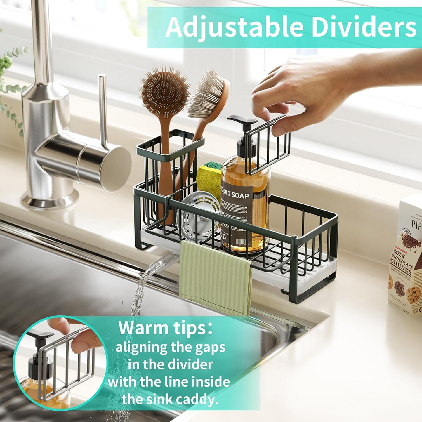 HapiRm Sponge Holder for Kitchen Sink - Self-draining Sink Caddy with Brush and Dishcloth Holders, Stainless Steel Kitchen Countertop Organizers and Storage Essentials - Black