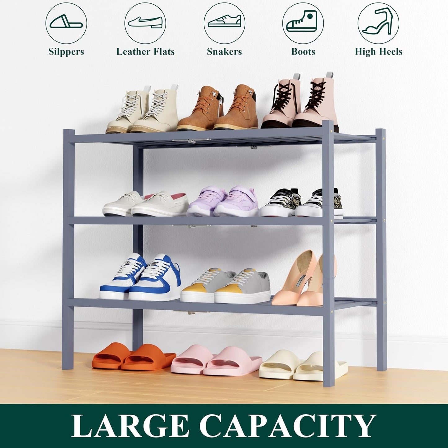 Smiry Bamboo Shoe Rack, 3 Tier Free Standing Wooden Shoe Organizer, Stackable Wood Shoe Storage Shelf for Closet, Entryway, 12 Vertical Slats, 2+1 Stack Standard Legs, 26.8"x11"x19.5", Natural