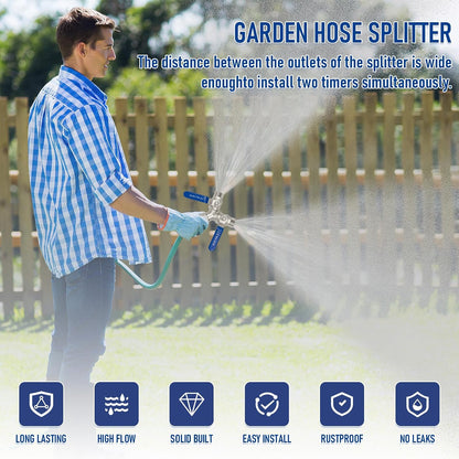 Garden Hose Splitter 2 Way, Heavy Duty Brass Y Valve Water Hose Splitter With Stainless Steel Long Handle Outdoor Full Flow Hose Splitter Connector,Y Valve 3/4 Inch GHT Thread