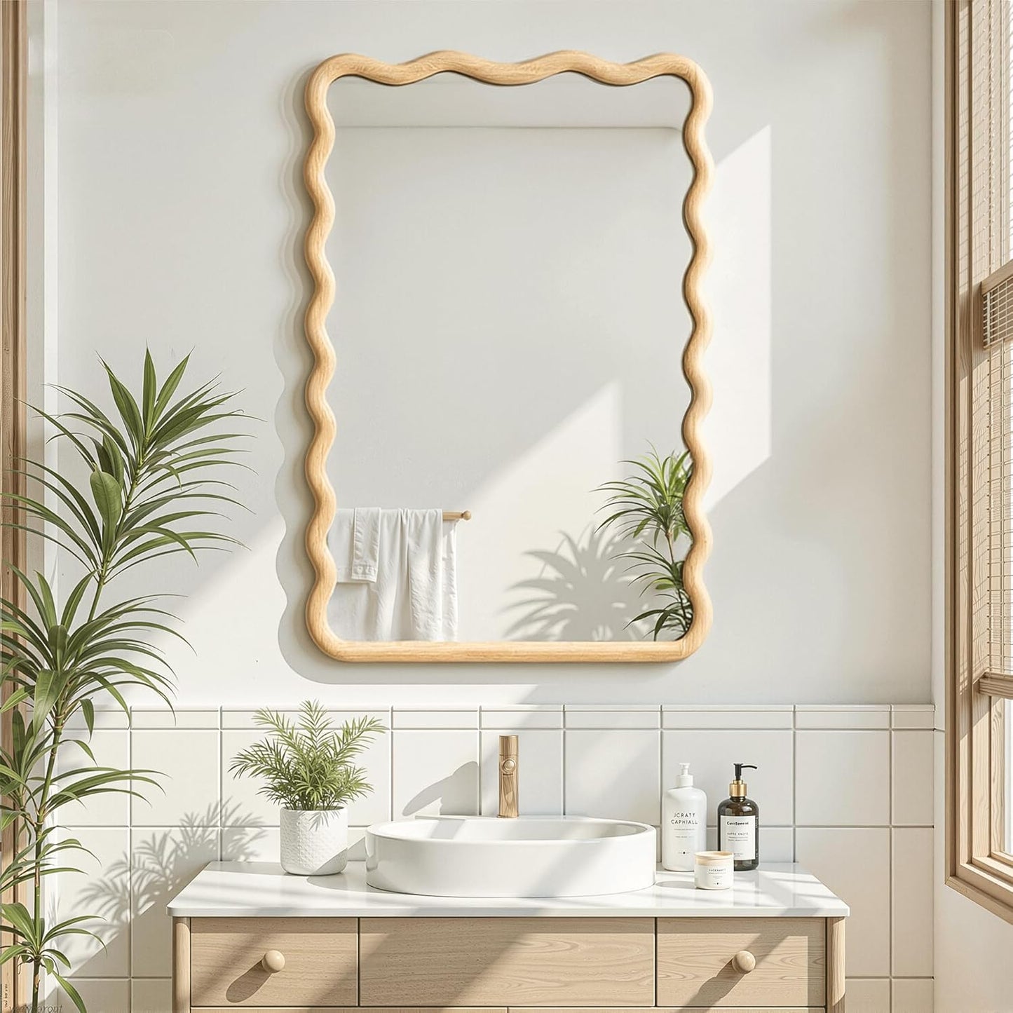 Full Length Mirror, 55"x28" Boho Wavy Wood Floor Mirror, for Bathroom, Bedroom, Living Room, Cloakroom, Entryway