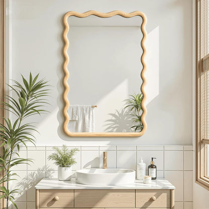 Full Length Mirror, 55"x28" Boho Wavy Wood Floor Mirror, for Bathroom, Bedroom, Living Room, Cloakroom, Entryway
