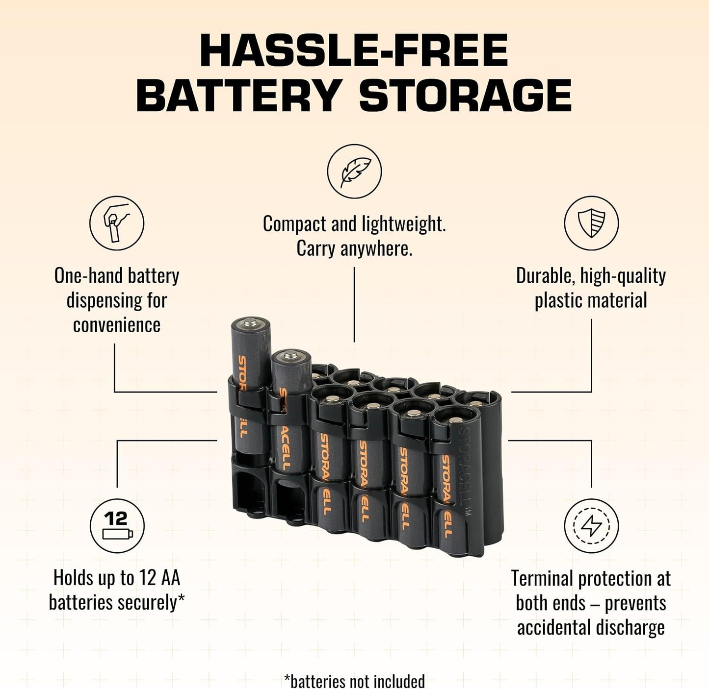 AA Battery Storage Caddy by Storacell, Orange, Holds 12 Batteries (Not included)