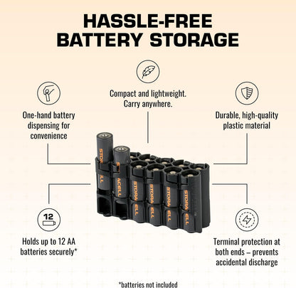 AA Battery Storage Caddy by Storacell, Orange, Holds 12 Batteries (Not included)