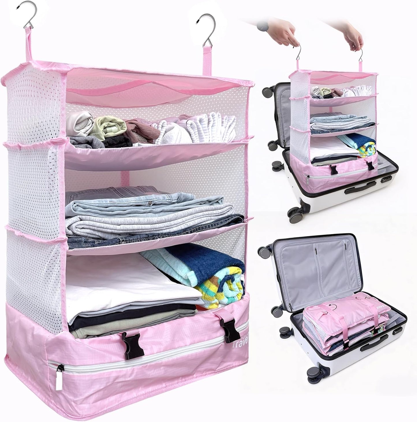Grand Fusion Stow-N-Go Hanging Travel Shelves, Packing Organizer for Luggage. Carry on Closet for Suitcase. Expandable Packing Cube. Travel Essentials. (Black - L, L = (L) 11.8" x (W) 11.8")