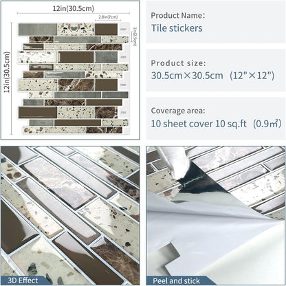 DEWOO Peel and Stick on Self Adhesive Backsplash Wall Marble Tiles Stickers 3D for Kitchen Bathroom,Spliced Blue (10-Sheet, 12"×12")