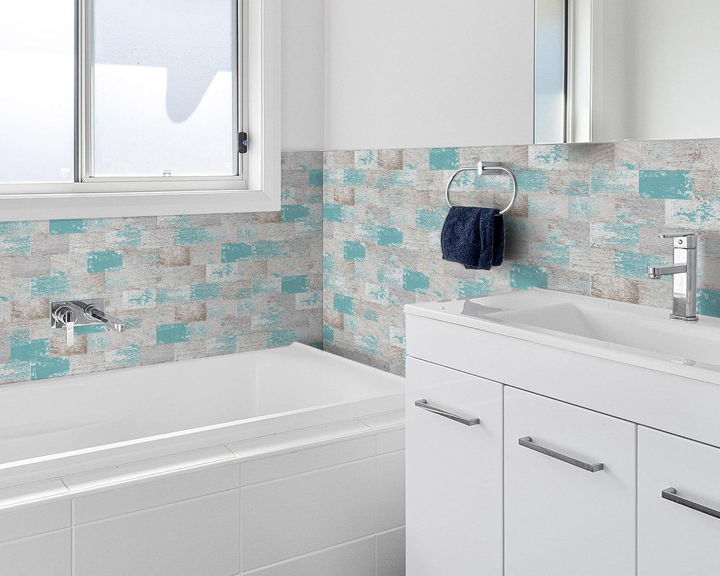 DEWOO Peel and Stick Wall Tile Backsplash PVC Self Adhesive Tiles for Kitchen Bathroom Turquoise Teal (10-Sheet, 13.5" x 11.4") | Self adhesive, thick, cover, vintage, retro, pvc adhesive wall tile, 34 x 29 cm