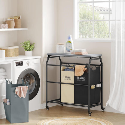 Hoctieon 3 Section Laundry Sorter Cart with Ironing Board, Laundry Hamper with Shelf and Rolling Wheels, Heavy Duty Laundry Basket Organizer, Large Clothes Separator Hamper with Removable Bags, Black