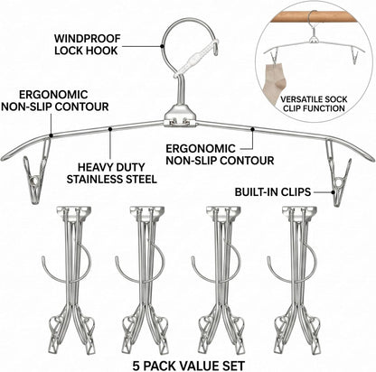 ROOM127 Travel Hangers with Clips, 5 Pack Foldable Stainless Steel Hangers | Windproof Non-Slip Portable Clothes Hangers for Cruise, Camping, RV, Hotel, Suitcase, Silver