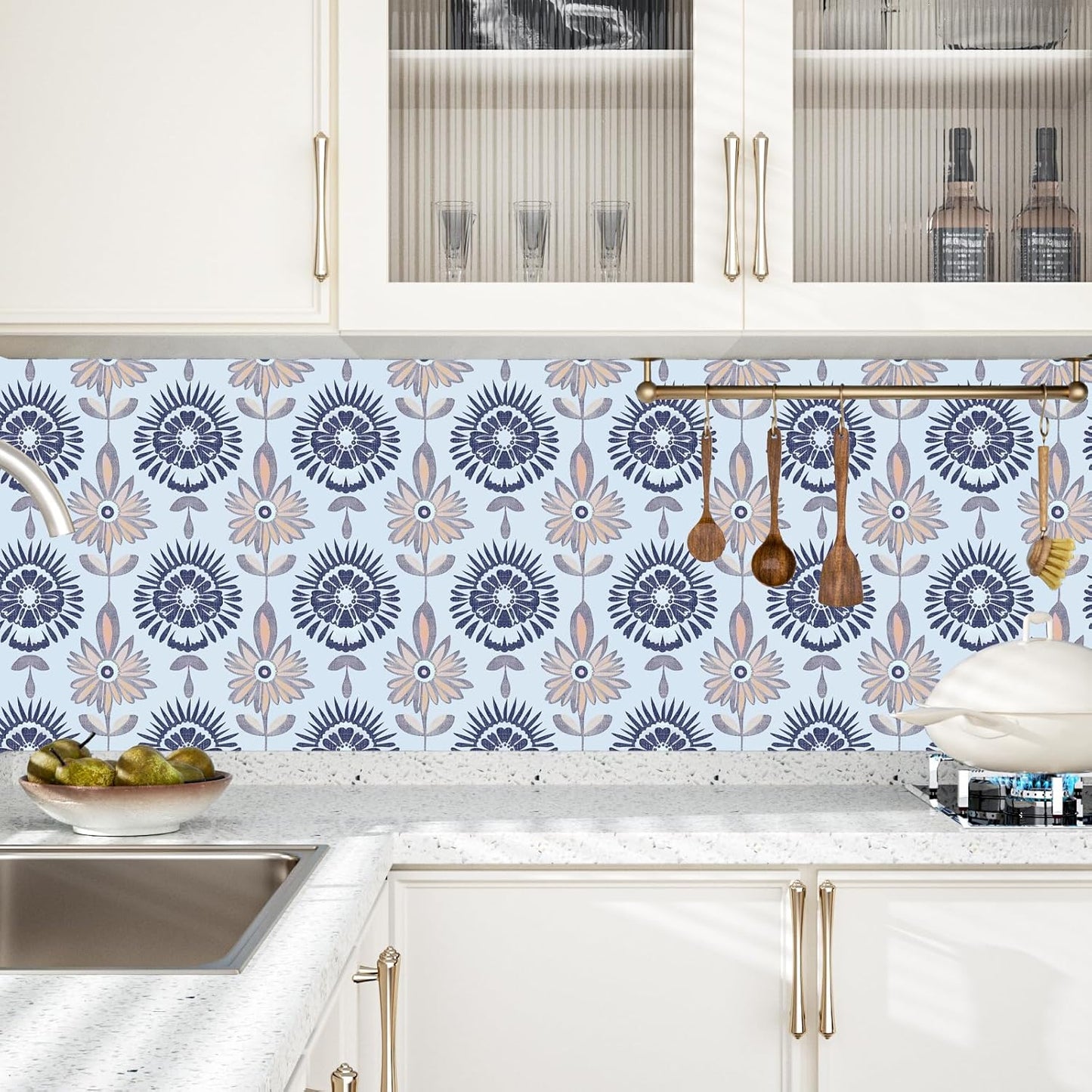 BOKEBEVE Leaves Contact Paper Floral Wallpaper Stick and Peel Boho Damask Wall Paper for Liner Drawer Cabinet Backsplash Renter Friendly Waterproof 17.5 x 118In