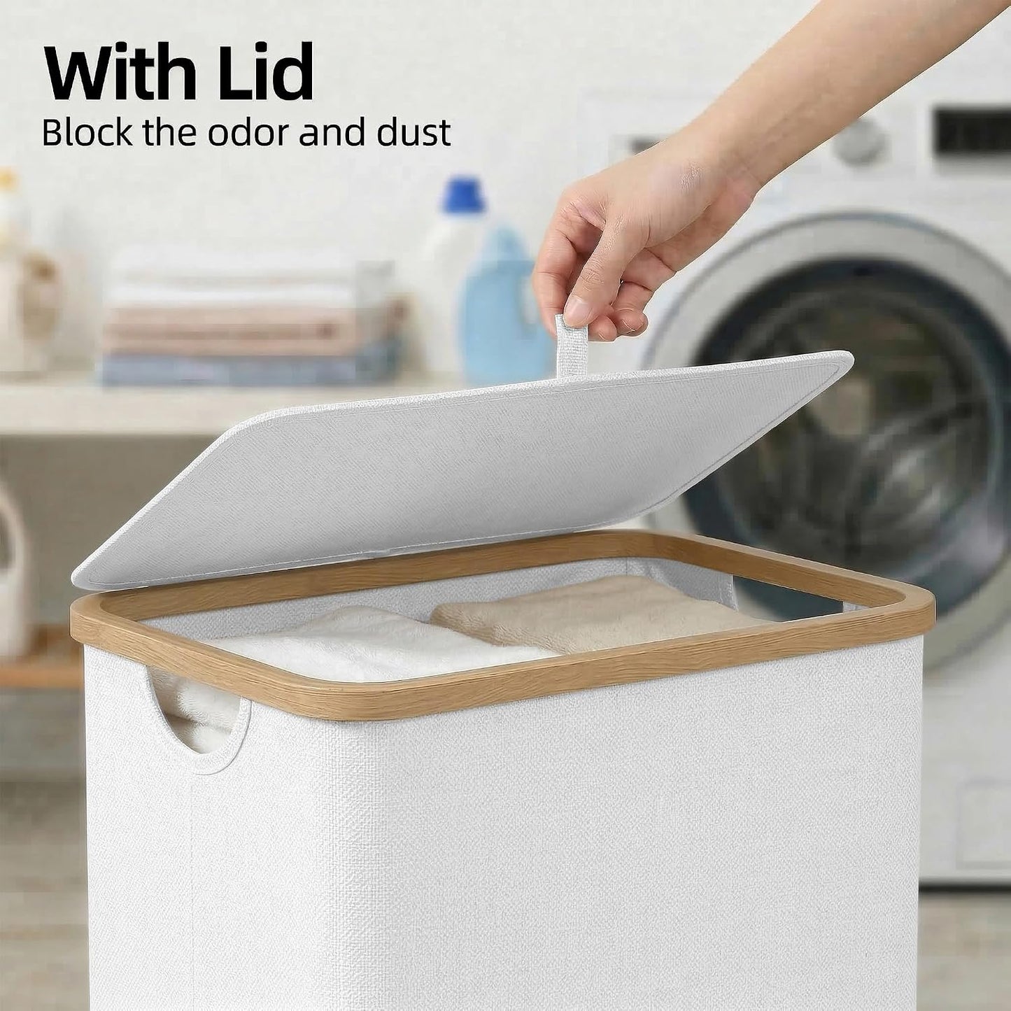 efluky Slim Laundry Basket with Lid, Narrow Laundry Hamper with Removable Bag, Skinny Dirty Clothes Basket with Bamboo Handles for Bathroom, Bedroom & Laundry Room, 75L Beige