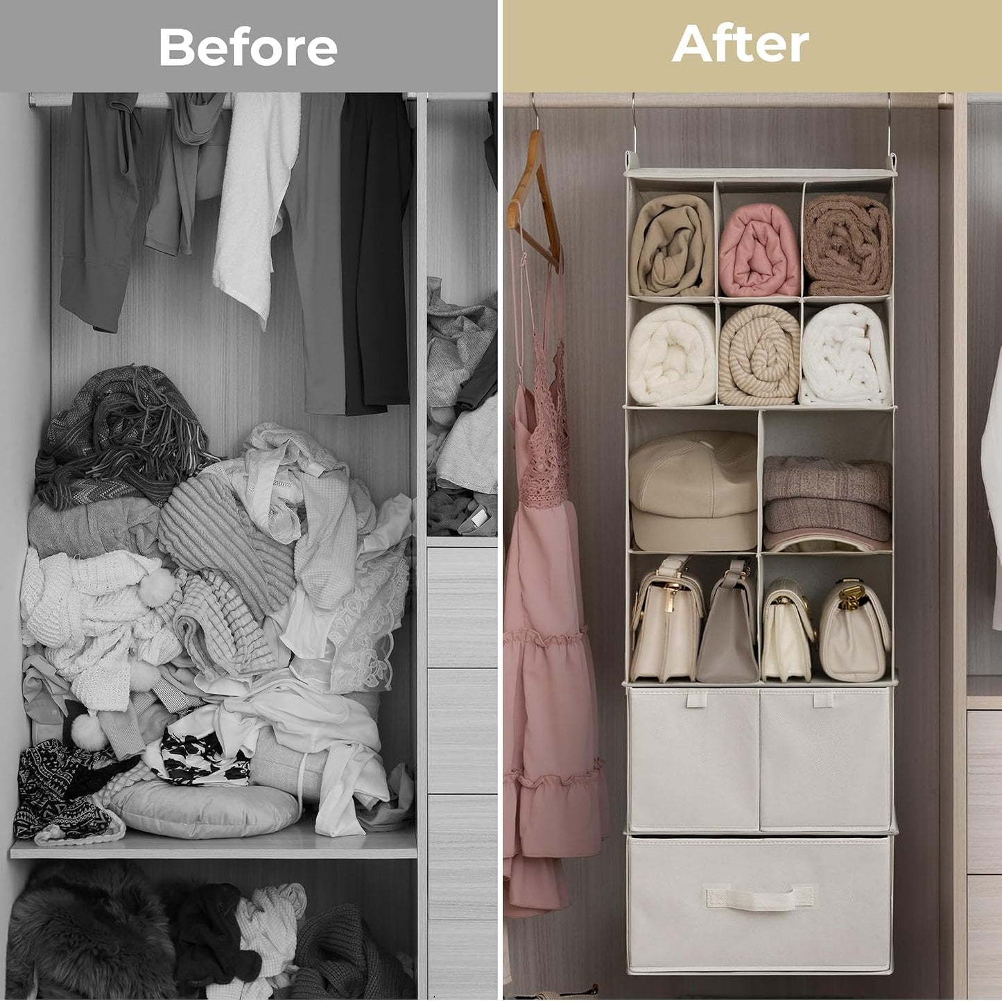 GRANNY SAYS Hanging Closet Organizer 6 Shelves, Closet Organizers and Storage with 5 Drawers, 6 Side Pockets Closet Hanging Organizer, Hanging Storage Organizer for Closet, Baby Clothes, Gray