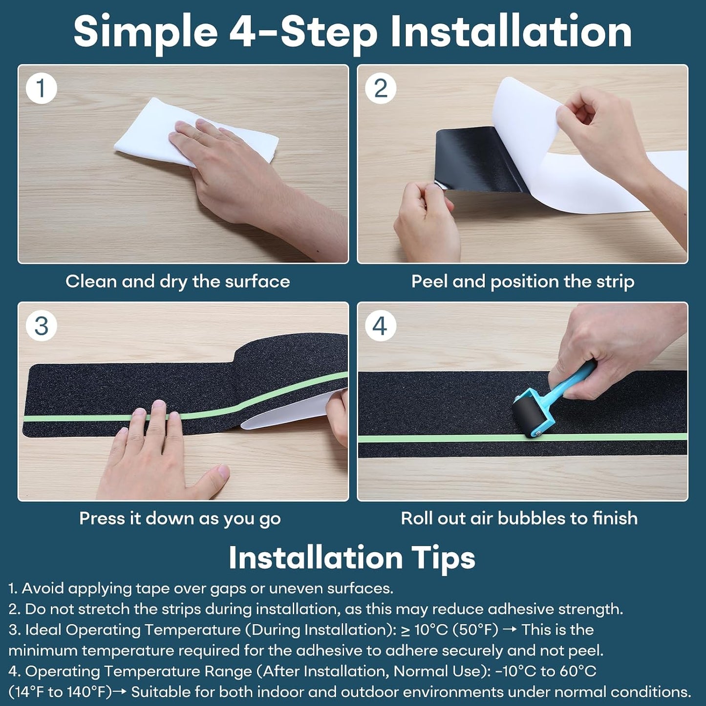 10 Pack 6” x 30” Anti Slip Traction Treads with Glow in The Dark Stripe, Outdoor Waterproof Non Skid Pre-Cut Tape with Roller, High Traction Friction Abrasive Adhesive for Stairs Step