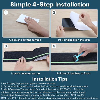 10 Pack 6” x 30” Anti Slip Traction Treads with Glow in The Dark Stripe, Outdoor Waterproof Non Skid Pre-Cut Tape with Roller, High Traction Friction Abrasive Adhesive for Stairs Step
