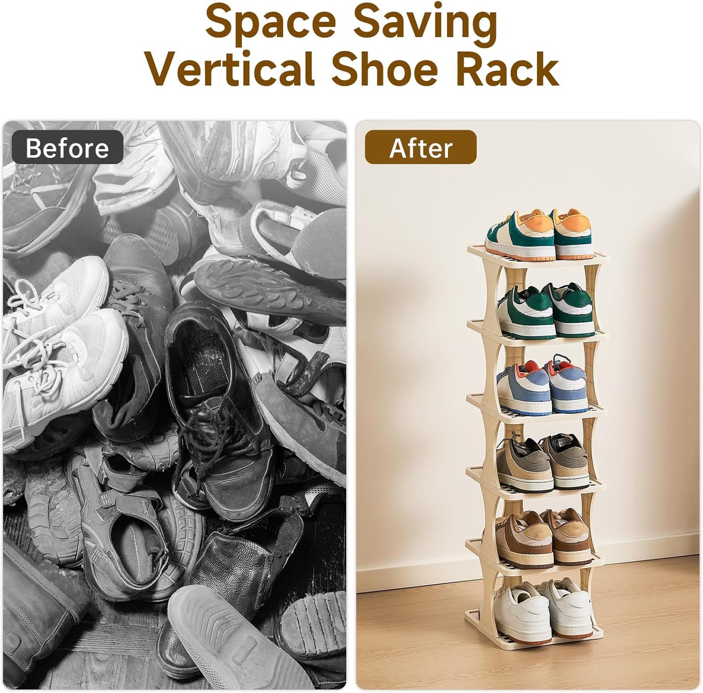 UFORU Vertical Shoe Rack 6 Tier, Narrow Free Standing Shoe Organizer for Closet, Entryway & Bedroom, Tall Plastic Narrow Shoe Rack for Small Spaces, Stackable Shoe Organizer& Easy to Assemble