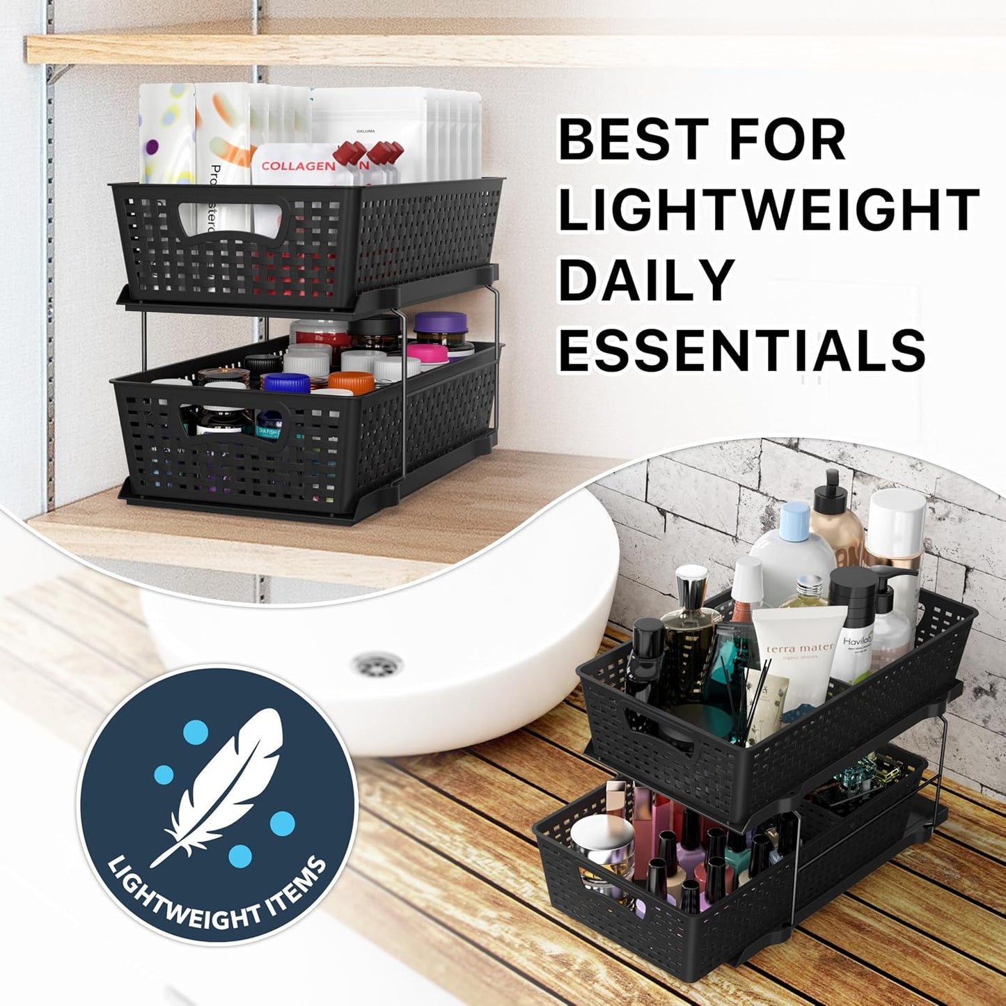 Simple Houseware 2 Tier Bathroom Organizer Tray Pull-Out Sliding Drawer/Under-Sink Storage, Clear