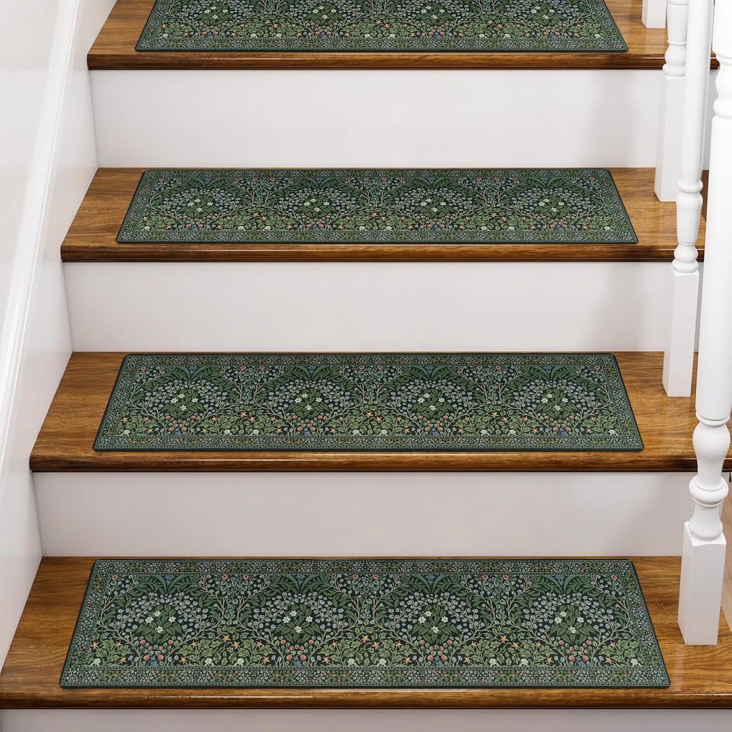 OJIA Floral Stair Treads Non-Slip Stair Runner for Wooden Steps Indoor 15PCS 30"x8" Carpet Stair Treads Stair Mats Staircase Step Treads for Kids, Elders and Dogs, Stair Covers, Black