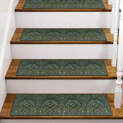 OJIA Floral Stair Treads Non-Slip Stair Runner for Wooden Steps Indoor 15PCS 30"x8" Carpet Stair Treads Stair Mats Staircase Step Treads for Kids, Elders and Dogs, Stair Covers, Black