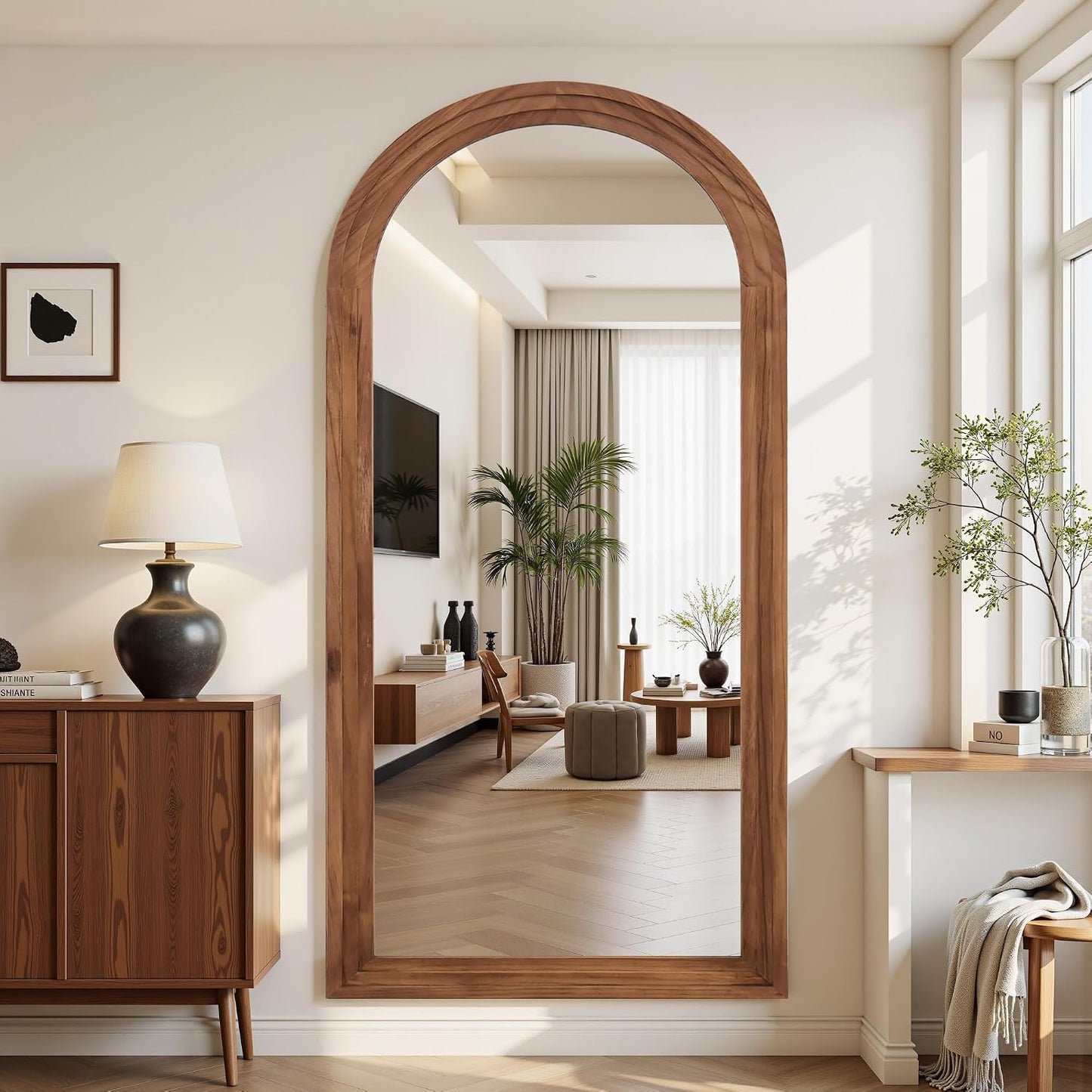 Antok Full Length Mirror with Solid Wood Frame, 71"×32" Wall Mounted Oversized Floor Mirror with Stand, Leaning Standing Hanging for Bedroom Living Room Entryway, Walnut, Arched Syle