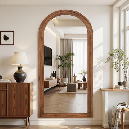 Antok Full Length Mirror with Solid Wood Frame, 71"×32" Wall Mounted Oversized Floor Mirror with Stand, Leaning Standing Hanging for Bedroom Living Room Entryway, Walnut, Arched Syle
