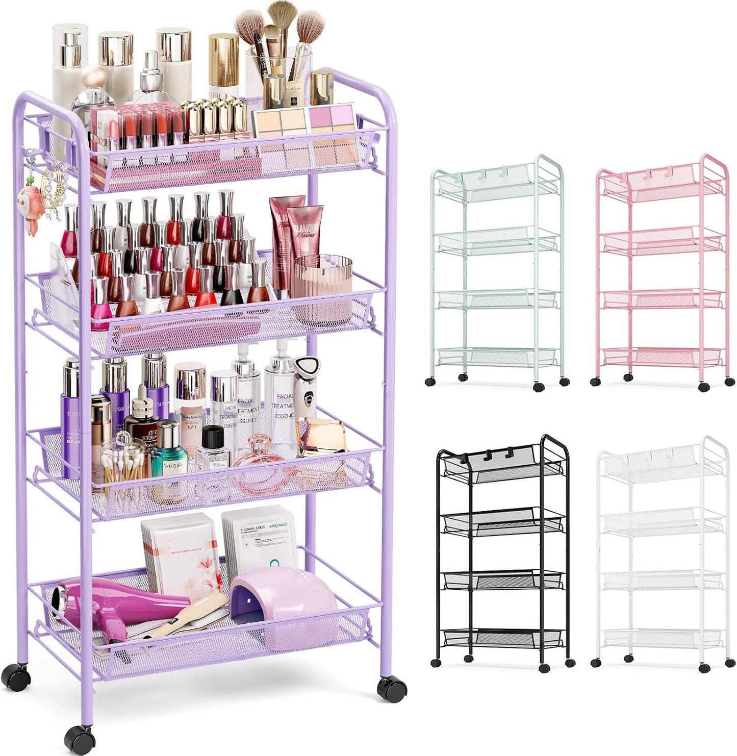 TOOLF 3-Tier Metal Rolling Cart, Mesh Wire Easy Assemble Utility Cart, Storage Trolley on Wheels with 3 Hooks, MetalStorage Shelving Units for Kitchen Bathroom Laundry Room