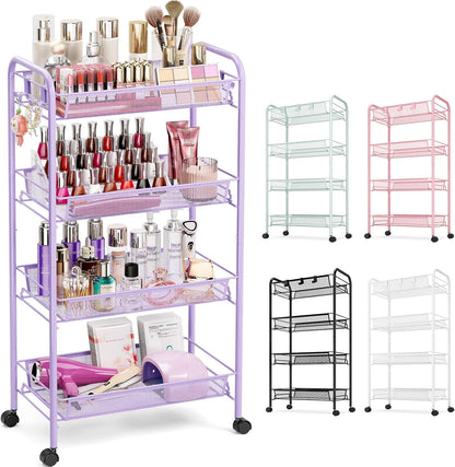 TOOLF 3-Tier Metal Rolling Cart, Mesh Wire Easy Assemble Utility Cart, Storage Trolley on Wheels with 3 Hooks, MetalStorage Shelving Units for Kitchen Bathroom Laundry Room