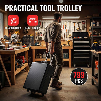 TLGREEN 799pcs Mechanic Tool Set with Aluminum Trolley Case,Home Repair Tool kit,Complete Tool Box Set for Home,Automotive,Dorm,Garage,Black