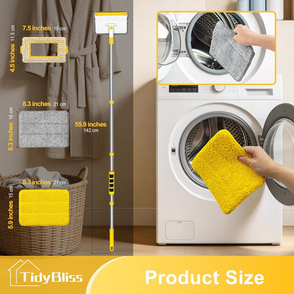 TidyBliss Baseboard Cleaner Tool with Handle, 55.9” Long Wall and Base Board Cleaning Mop, 4 Reusable Pads, 1 Stiff Bristle Scrubber Brush for Floorboard Ceiling Cabinet Window Bathroom (Yellow)