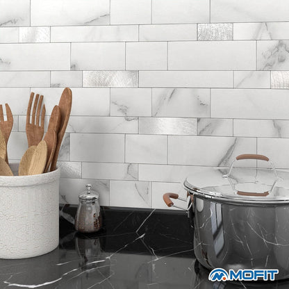 MOFIT Backsplash Tile for Kitchen Peel and Stick Stone Matte Finish,Bathroom Tiles Stickers 3D Wall Panel Linear Mosaic Marble Backsplash Waterproof(10sheets,Blue Green Gray)