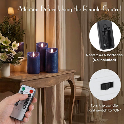 Elyrae Navy Blue Flameless Candles with Remote and Timer, Real Wax Made LED Pillar Candles Battery Operated with 3D Flickering Flame, 3" x 4",5",6", Navy Blue Decor, Set of 3