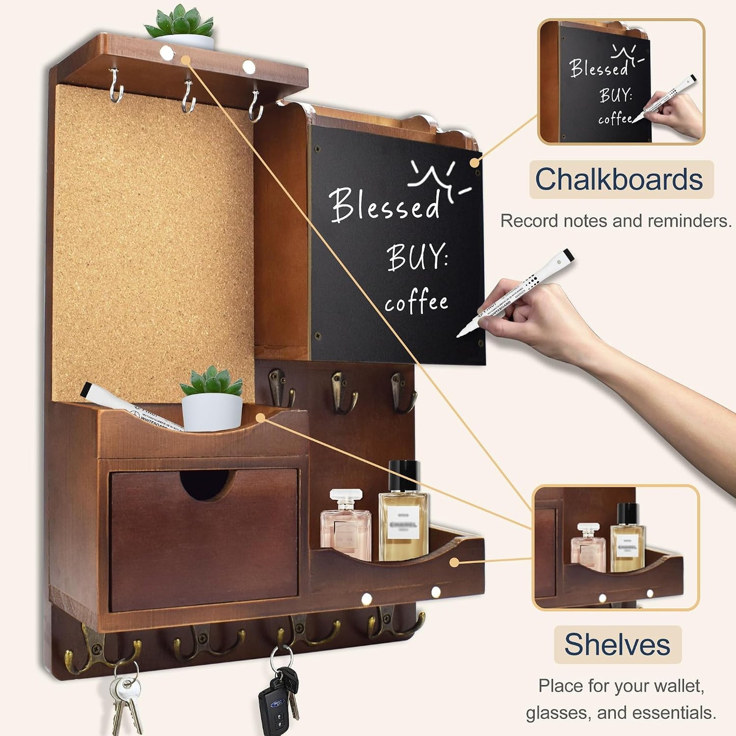 Key Holder for Wall Mount with Shelf and Mail Organizer, Key and Mail Holder with 16 Hooks, Farmhouse Entryway Organizer, Home Decor Rack (Pine Wood, Black)
