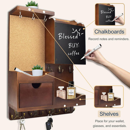 Key Holder for Wall Mount with Shelf and Mail Organizer, Key and Mail Holder with 16 Hooks, Farmhouse Entryway Organizer, Home Decor Rack (Pine Wood, Black)
