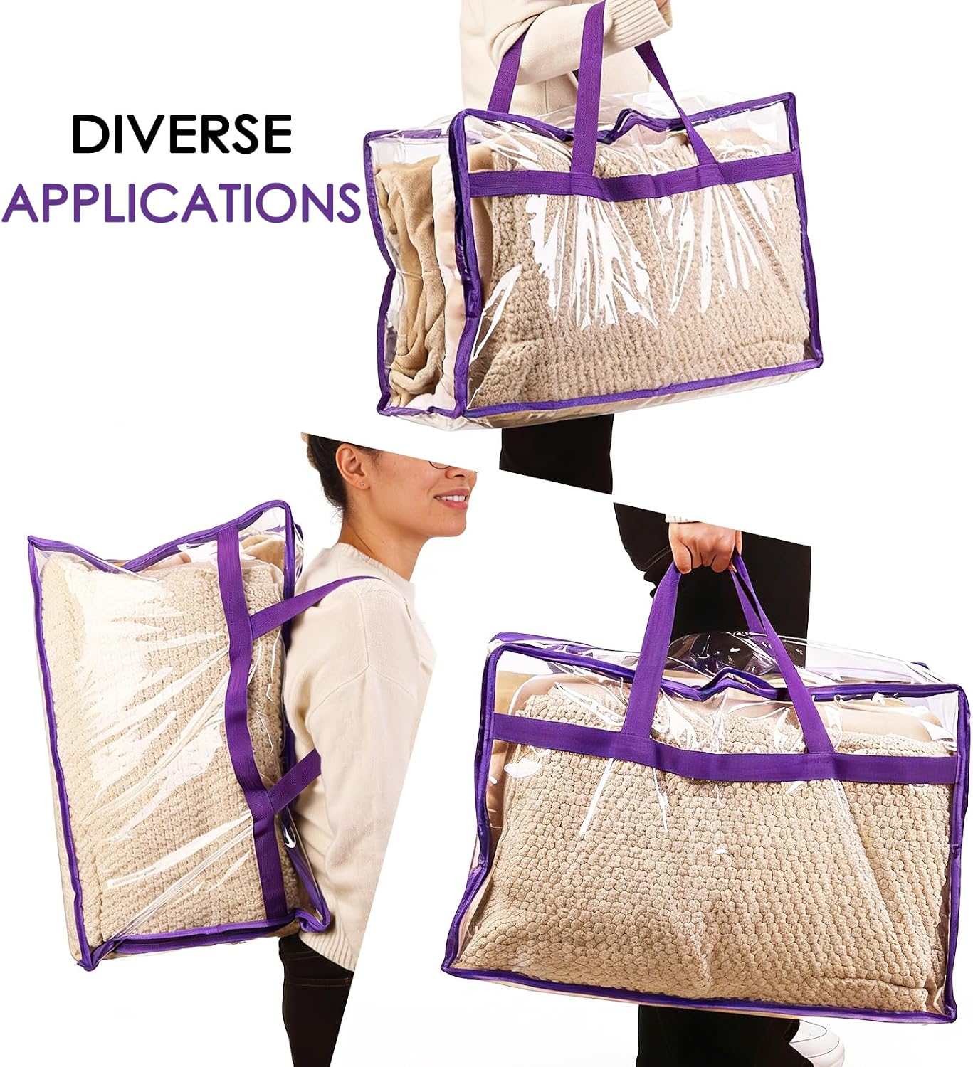 SGHUO Blanket Storage Bags 60L Extra Large Plastic Vinyl Clear Storage Bag for Clothes, Comforter, Bedding, Moving Bags with Zipper and Reinforced Handle (4pcs)