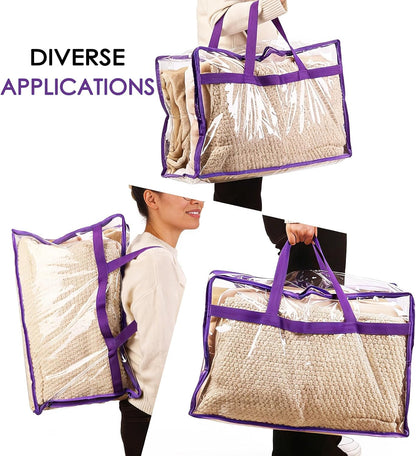 SGHUO Blanket Storage Bags 60L Extra Large Plastic Vinyl Clear Storage Bag for Clothes, Comforter, Bedding, Moving Bags with Zipper and Reinforced Handle (4pcs)