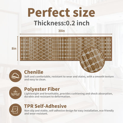 Non-Slip Carpet Stair Treads 15PCS, 8"x30" Peel and Stick Stair Runner for Wooden Steps Indoor, Washable Reusable Adhesive Backing, Pet-Friendly Safety Mats for Kids, Elders, Dogs
