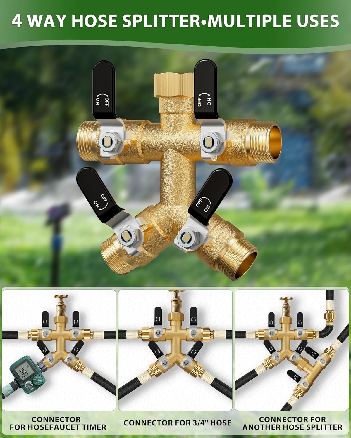 Hose Splitter 2 Way, Heavy Duty Brass Garden Hose Splitter, Water Hose Bib Spigot Splitter with 0.59" Full Flow Ball Valve Outlet & Shut-Off Valve 3/4'' Connector Outdoor Water Faucet Adapter
