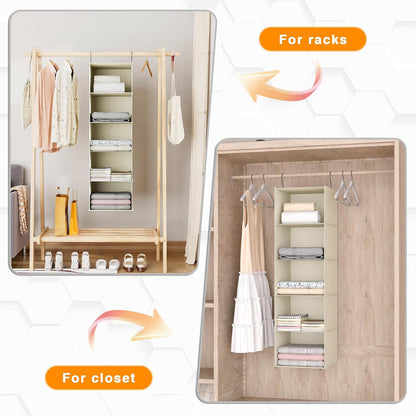 Hanging Closet Organizer 3-Shelf, Oxford Fabric Wardrobe Storage, Gray | Easy-mount foldable design holds clothes, handbags, shoes & accessories; washable Oxford fabric, sturdy and space-saving.