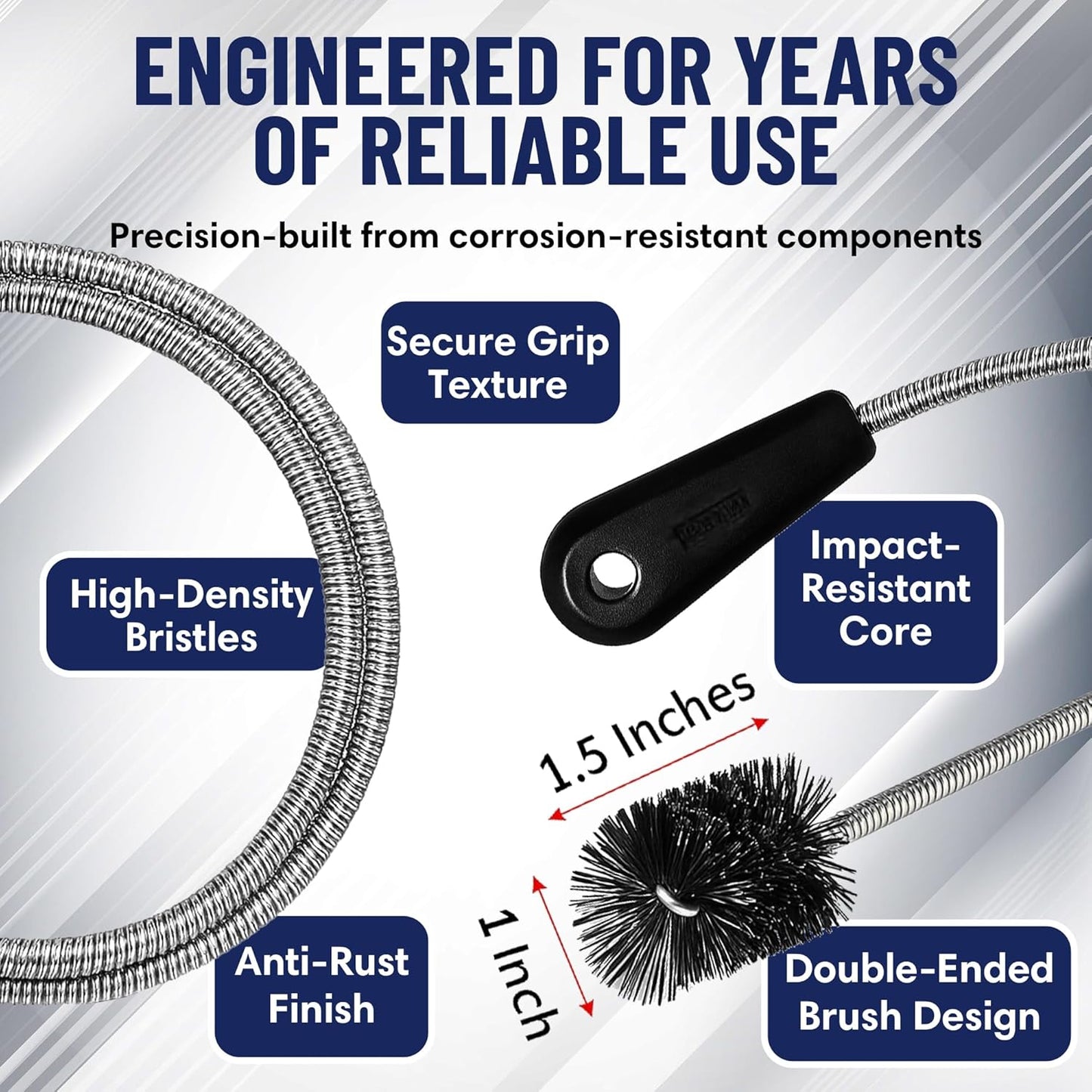 48" Flexible Tube Brush – Long Pipe Snake for Sink - AC Condensate Line Cleaning - Flexible Pipe Cleaner Brush for Hair, Food & Clog Removal - Cleaner Tool – B313C by FryOilSaver Co.