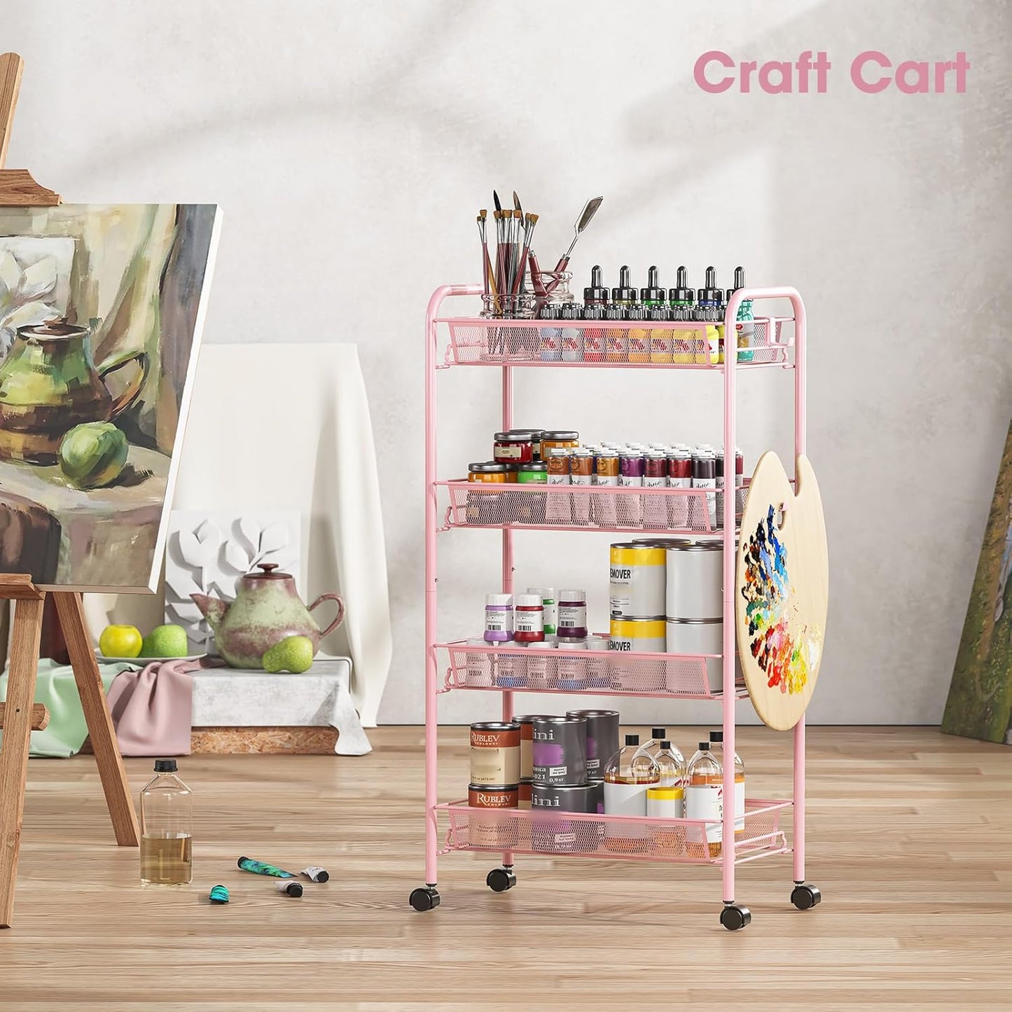 TOOLF 3-Tier Metal Rolling Cart, Mesh Wire Easy Assemble Utility Cart, Storage Trolley on Wheels with 3 Hooks, MetalStorage Shelving Units for Kitchen Bathroom Laundry Room