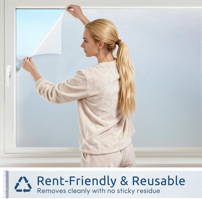 rabbitgoo Frosted Glass Window Privacy Film, No Glue, Anti-Glare Heat Blocking, Easy to Install, Renter Friendly Removable Opaque Bathroom Window Clings for Glass, 17.5" x 78.7"