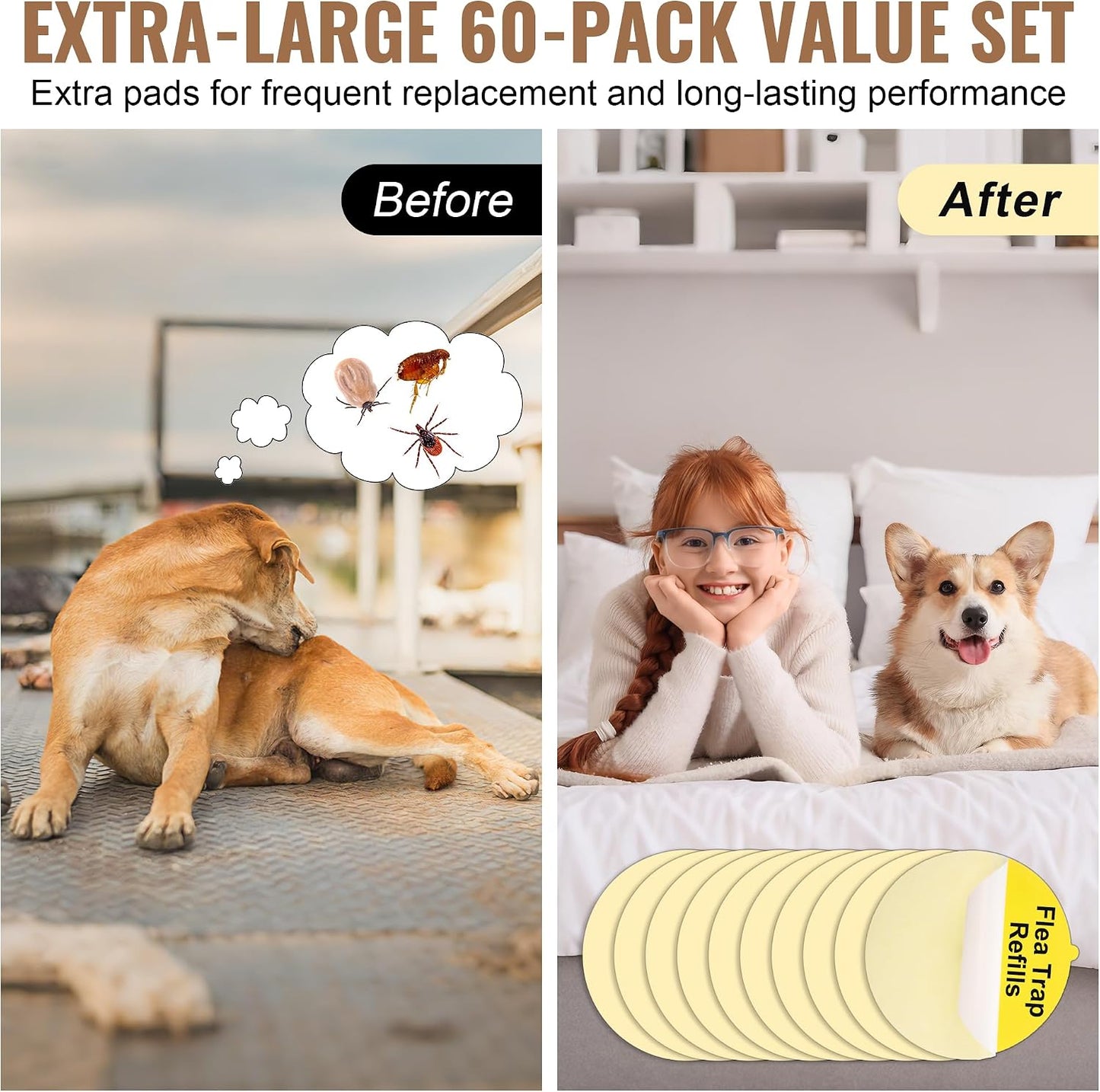 60 Pack Flea Trap Refills 7.1" Sticky Pads Fit Most Flea Traps | Flea Trap Sticky Pads Refills, Fit Most 7.1" Traps, for Inside Home Strong Adhesive, 7.1" Round Disc, Odorless Glue
