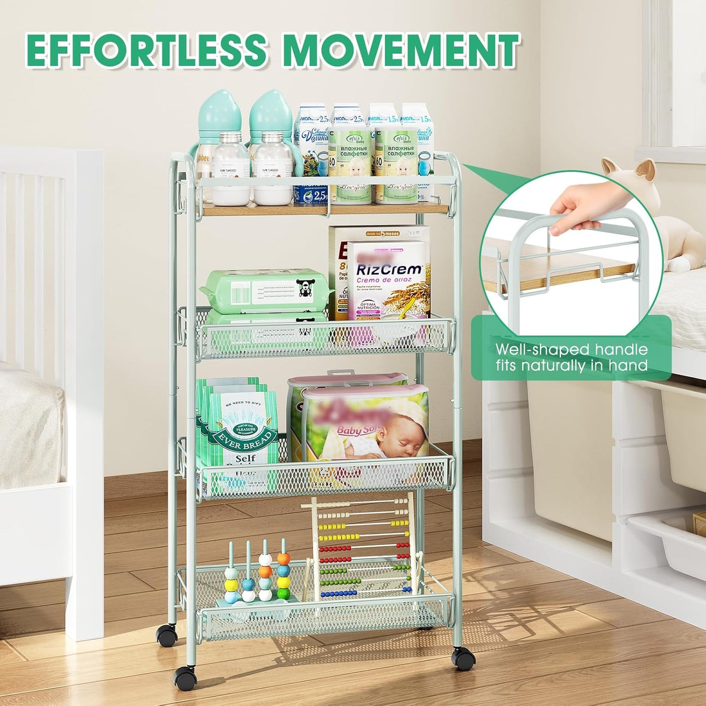 TOOLF 4-Tier Slim Rolling Cart, Metal Utility Cart, Slide Out Storage Cart with Wooden Tabletop and Mesh Baskets for Narrow Space on Kitchen Bathroom Laundry Room Bedroom Apartments Dormitory