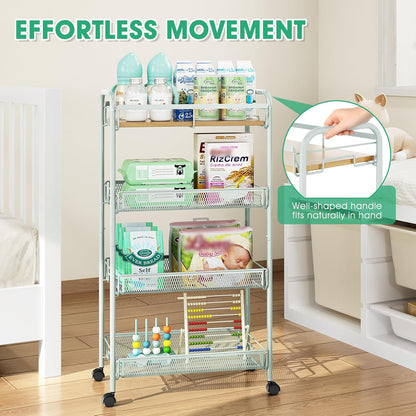 TOOLF 4-Tier Slim Rolling Cart, Metal Utility Cart, Slide Out Storage Cart with Wooden Tabletop and Mesh Baskets for Narrow Space on Kitchen Bathroom Laundry Room Bedroom Apartments Dormitory