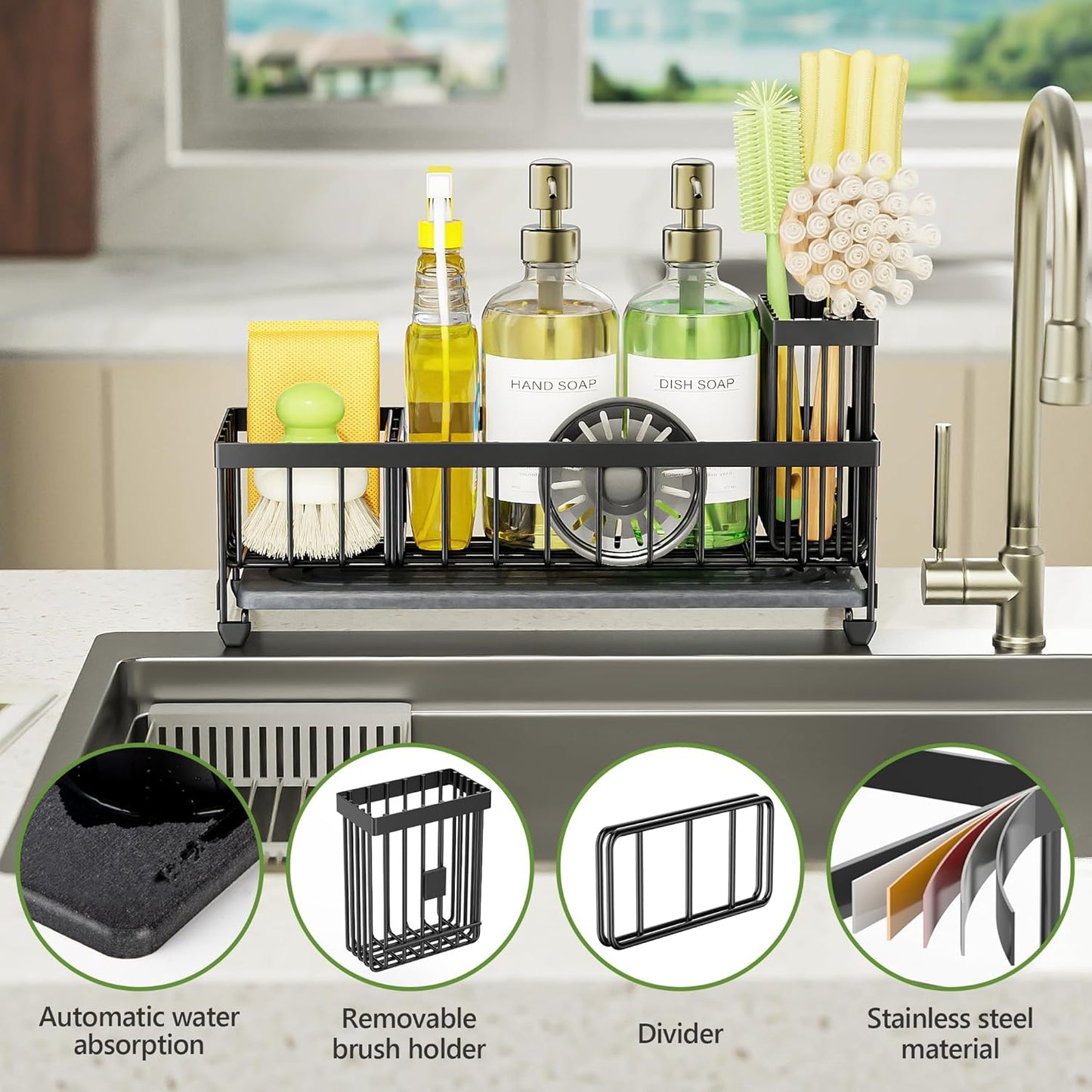 Cisily Extra Large Sink Caddy Organizer with Drying Stone, Black Sponge Holder for Kitchen, Dish Brush Holder for Countertop, Kitchen Decor Storage and Essentials