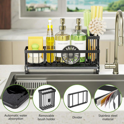 Cisily Extra Large Sink Caddy Organizer with Drying Stone, Black Sponge Holder for Kitchen, Dish Brush Holder for Countertop, Kitchen Decor Storage and Essentials