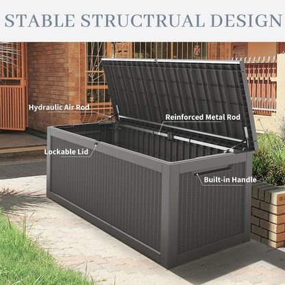 NUNU LAB Outdoor Storage Box, 45 Gallon Outside Deck Box Waterproof, Resin Outdoor Storage Cabinet With Lockable Lid, Backyard Storage Bench For Garden Tools, Patio Cushions, Pool Tools, Black