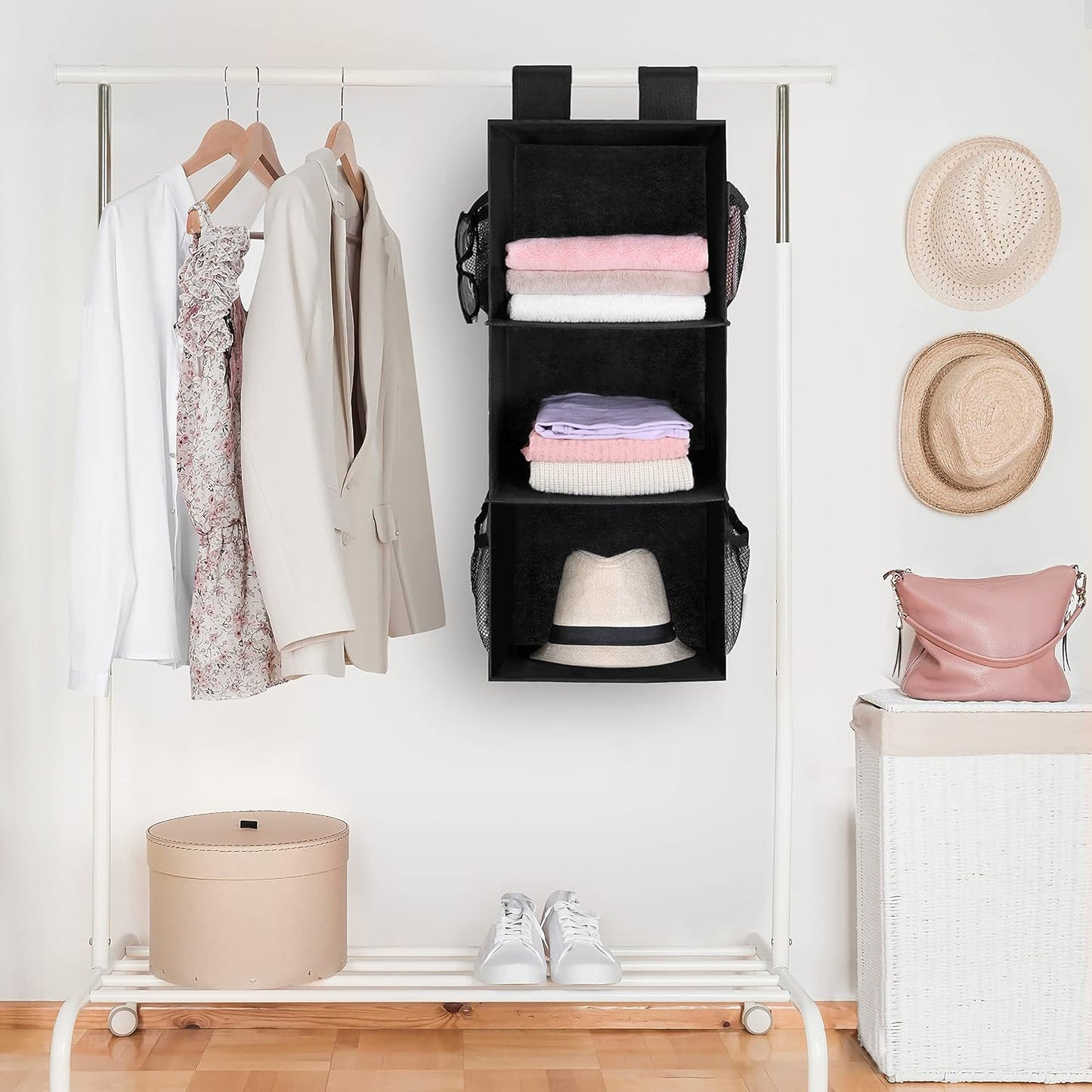 MAX Houser 3 Tier Shelf Hanging Closet Organizer, Space Saver,Closet Hanging Shelf with 2 Sturdy Hooks for Storage, Foldable (Grey)