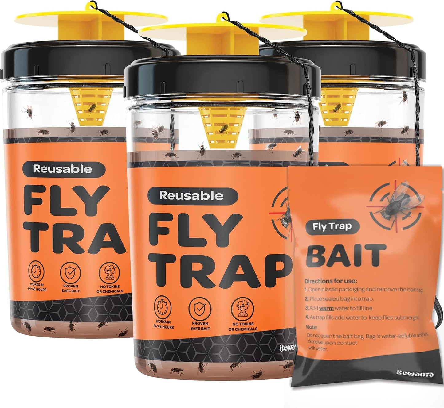 Fly Traps Outdoor [Set of 2] with Dissolvable Non-Toxic Bait - Reusable Hanging Bug Catcher Killer for All Flies for Outside Bug Control Patios, Barns, Ranches Etc. Hanging Fly Traps with Tie Included