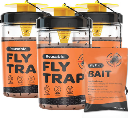 Fly Traps Outdoor [Set of 2] with Dissolvable Non-Toxic Bait - Reusable Hanging Bug Catcher Killer for All Flies for Outside Bug Control Patios, Barns, Ranches Etc. Hanging Fly Traps with Tie Included