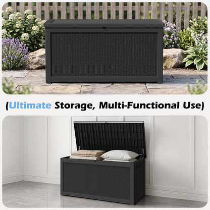 Outdoor Storage Box, 31 Gallon Resin Deck Boxes Outdoor Waterproof For Patio Furniture, Garden Tools, Pool Supplies, Lockable And UV Resistant (Rattan Gray)