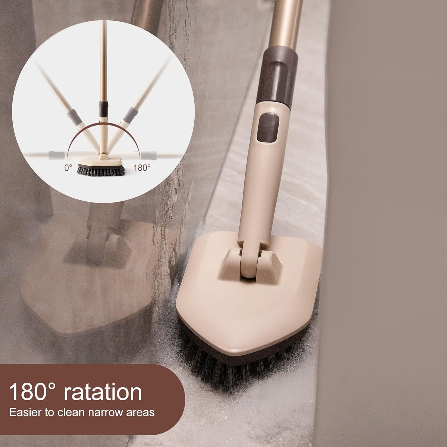 Eyliden Shower Scrubber with Long Handle, 2 Type Head, Tile Tub Scrub Brush | 49" Handle, 2 Different Function Cleaning - 1 Stiff Bristle + 2 Non-Scratch Pads, for Bathroom Grout Sink Glass Kitchen Floor